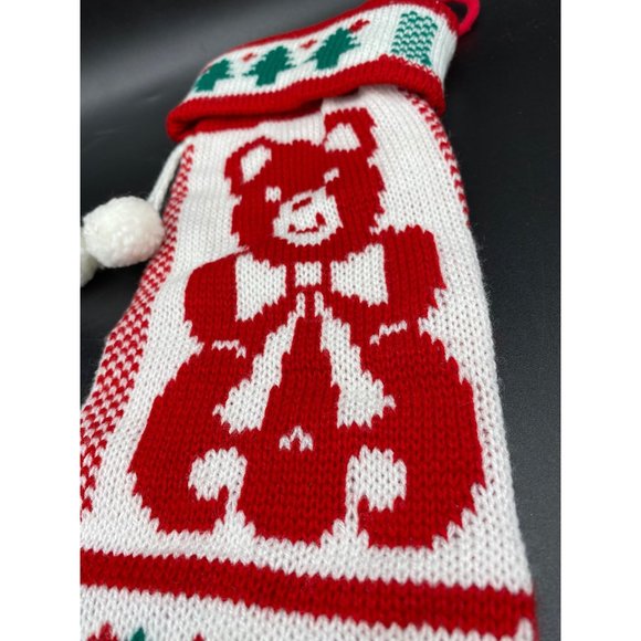 Vintage Teddy Bear Knit Christmas Stocking with pom poms 21" - Picture 12 of 14